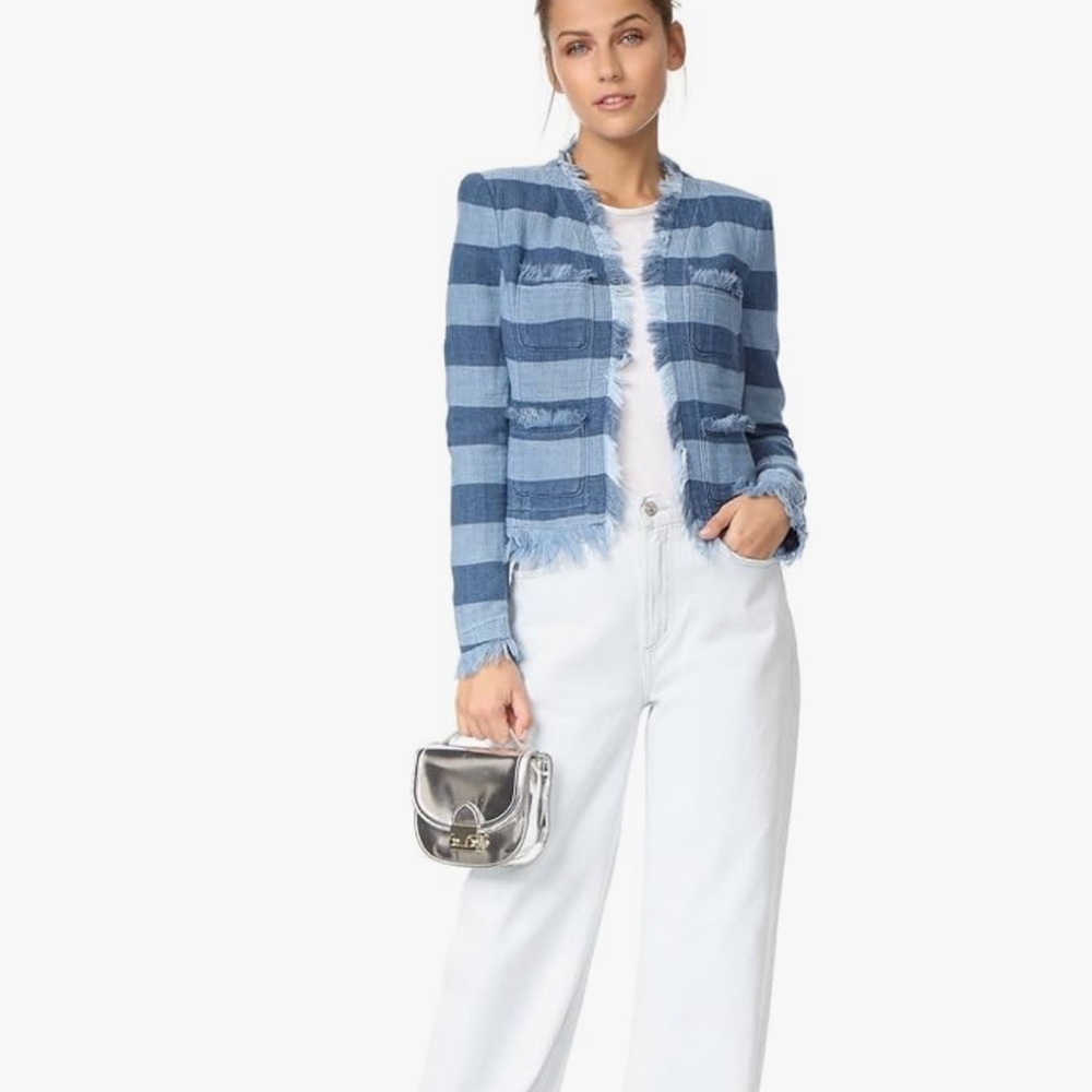 Ag Adriano Goldschmied Blazer The Capucine Jacket Blue Stripe Crop Fray Hem Xs